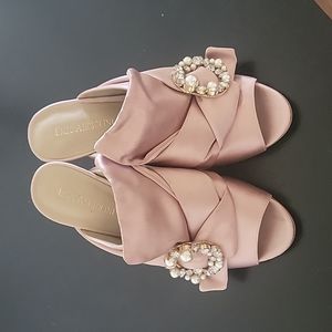 Blush, satin heels with pearl and rhinestone detail